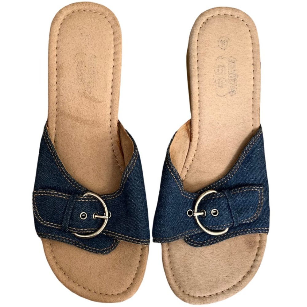 Vintage Route 66 Denim Slide on Wedges with Silver Buckle